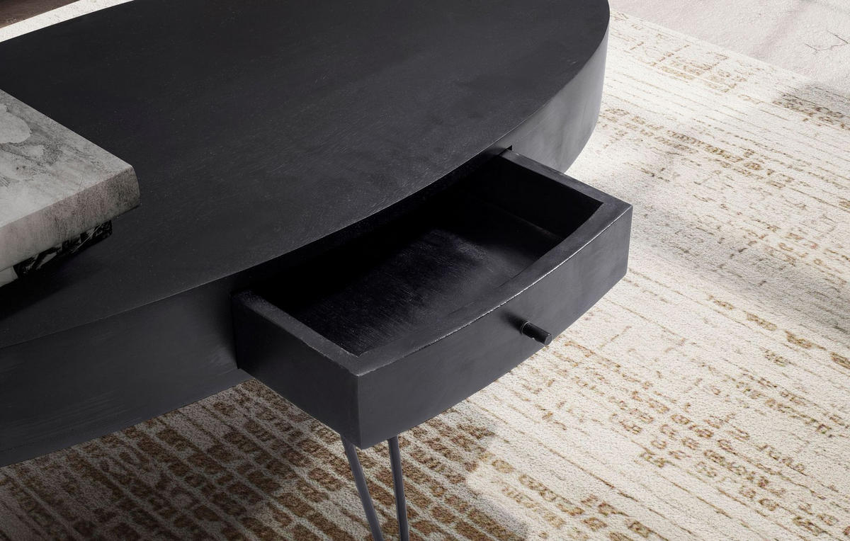 COUCHTISCH in Mango-Massivholz und Metall, 100x50x40 cm, Oval, mit Schublade, Stauraum und Haarnadelbeinen - Schwarz, Holz/Metall (50/100/40cm) - KADIMA DESIGN