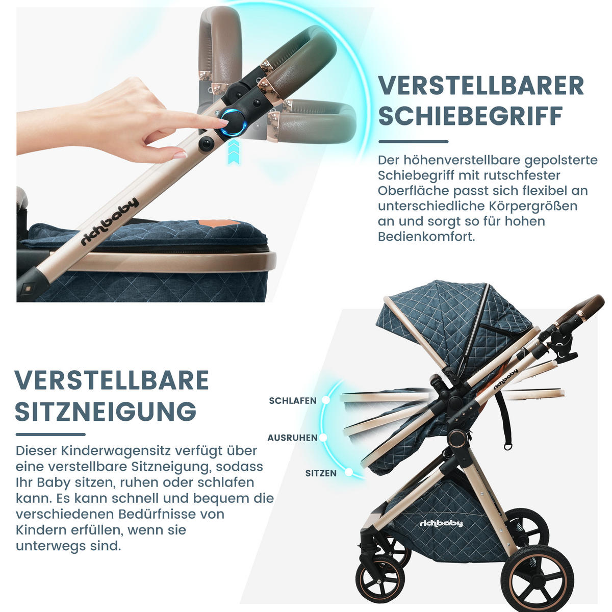 BUGGY Kombikinderwagen 2-in-1 mit wendbarer Sitzeinheit und All-Terrain-Federung - Blau, Metall (80/62/106cm) - Raelunyi