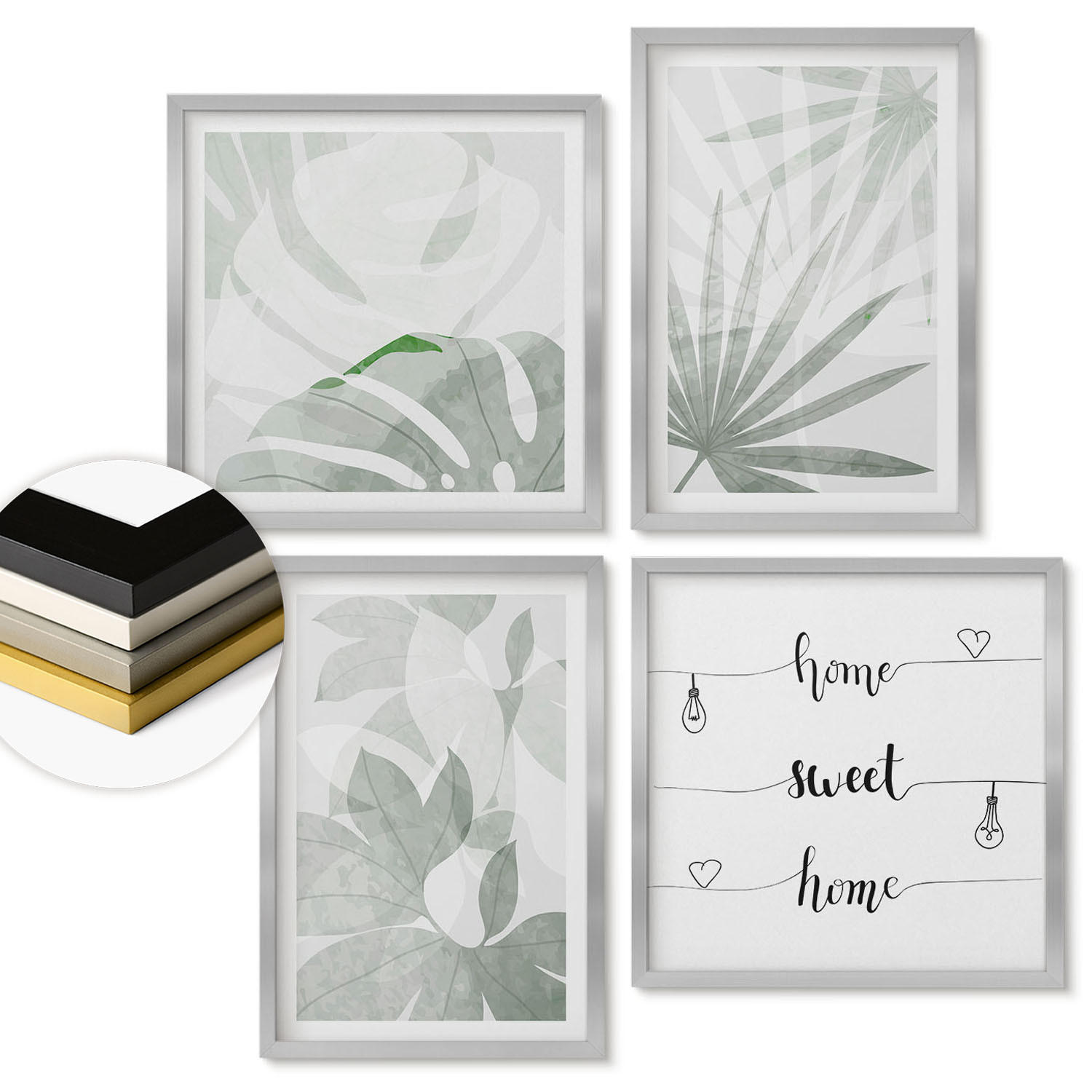 WANDBILDER 4er Set - 50x50 cm & 40x60 cm Silberner Rahmen - Die Blätter der Pflanzen sind grünlich-grau. - Silberfarben, Kunststoff (50/50cm) - ArtPrintCave