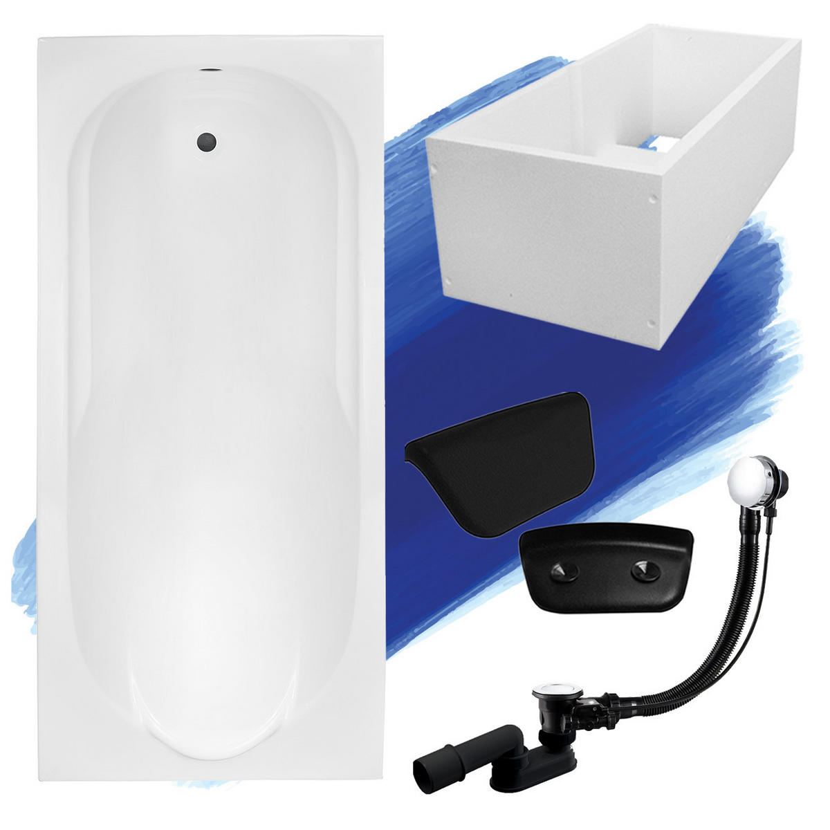 BADEWANNE Rechteck BONA 150/70 + Träger + Kopfstütze Ablauf Füße - Weiß, Kunststoff (70/53.5/150cm) - bad land