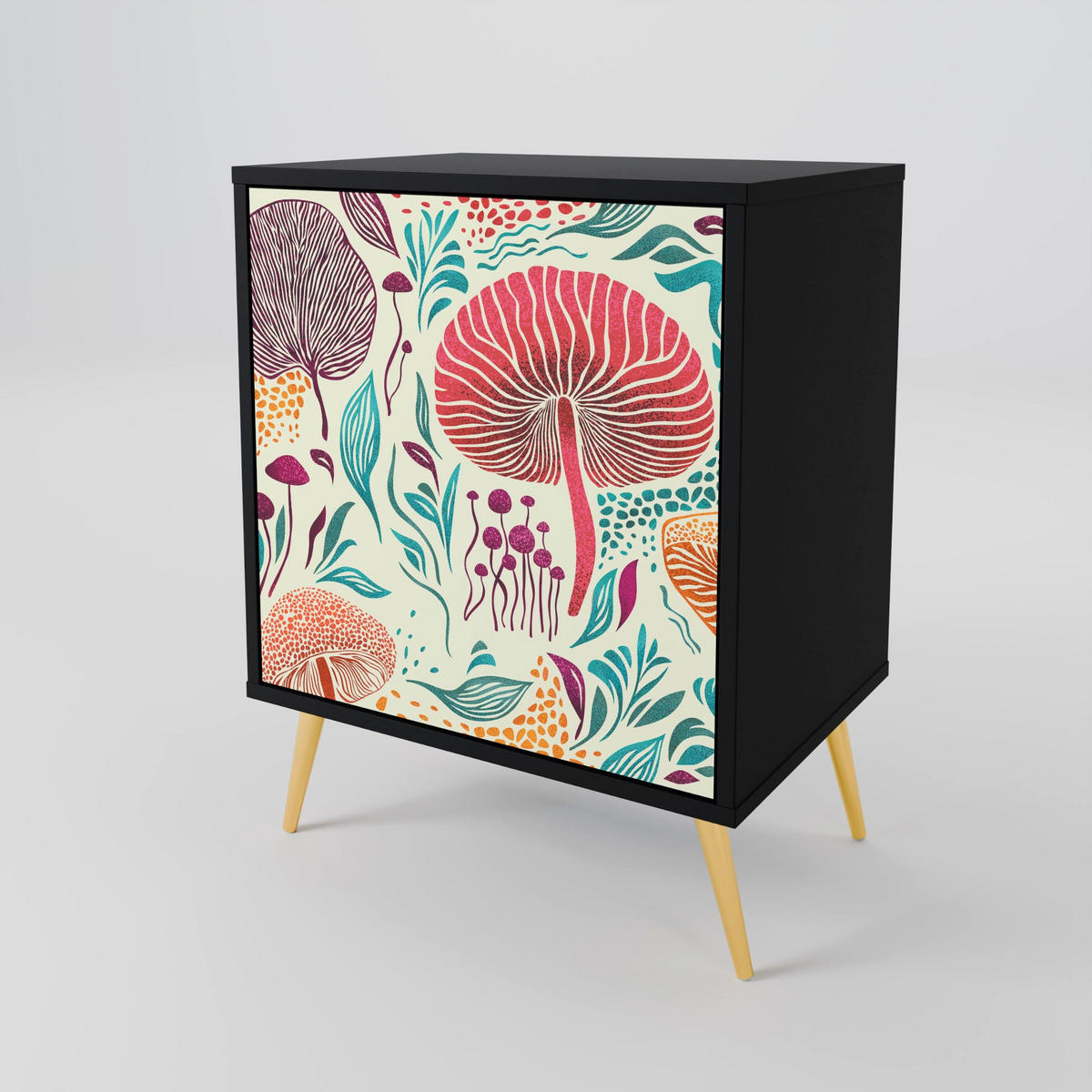 SIDEBOARD FUNGUS FANTASY, Schwarz, 57,5x42x70,5 cm, Schwarze Metall-Sternfüße - Multicolor/Schwarz, Holzwerkstoff/Metall (57.5/70.5/42cm) - SpaceRebels