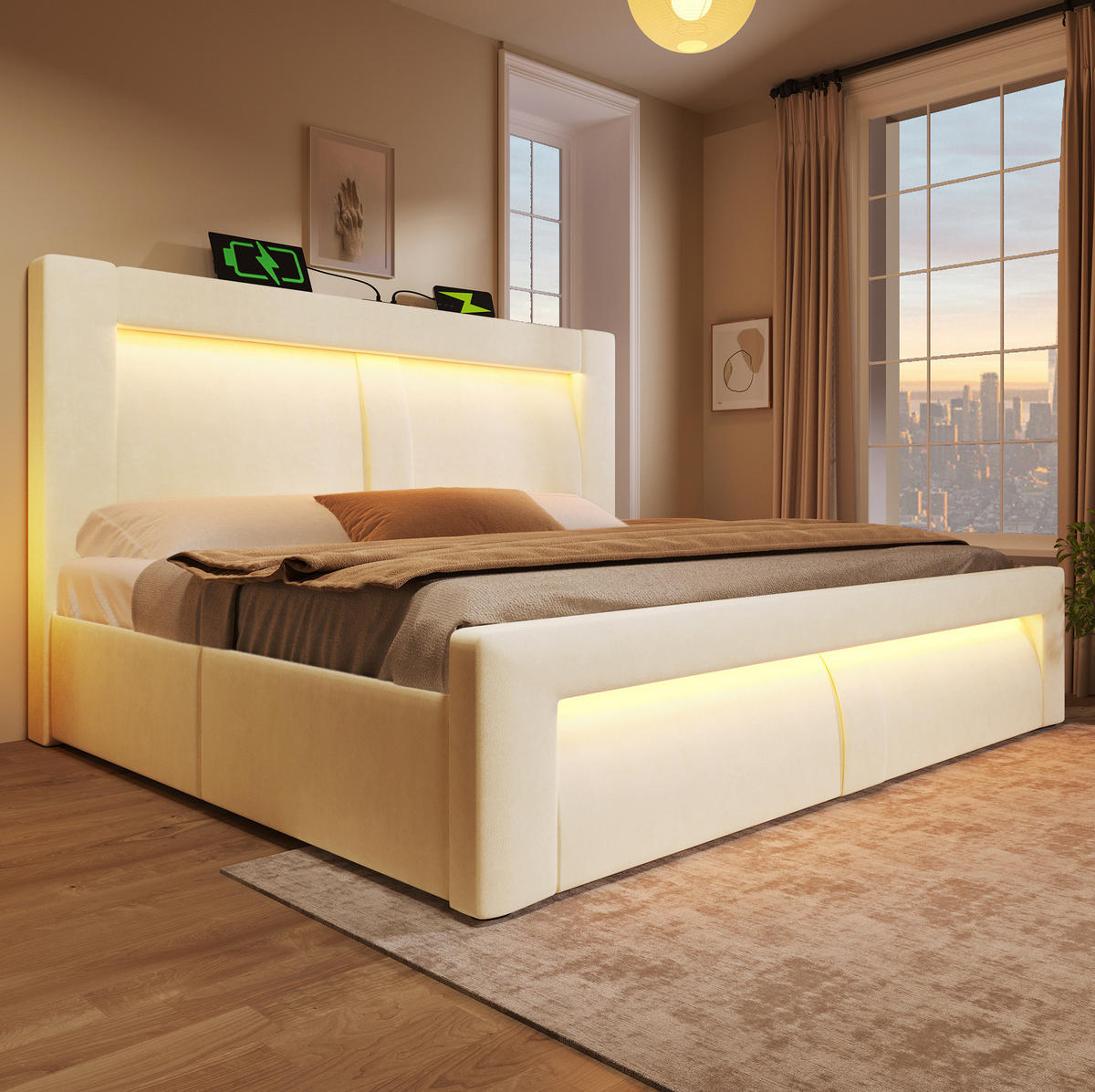 SAMT-POLSTERBETT 160/200 cm mit Bettkasten, LED-Beleuchtung und Ladefunktion - Beige, Textil (160/200cm) - BEAOK