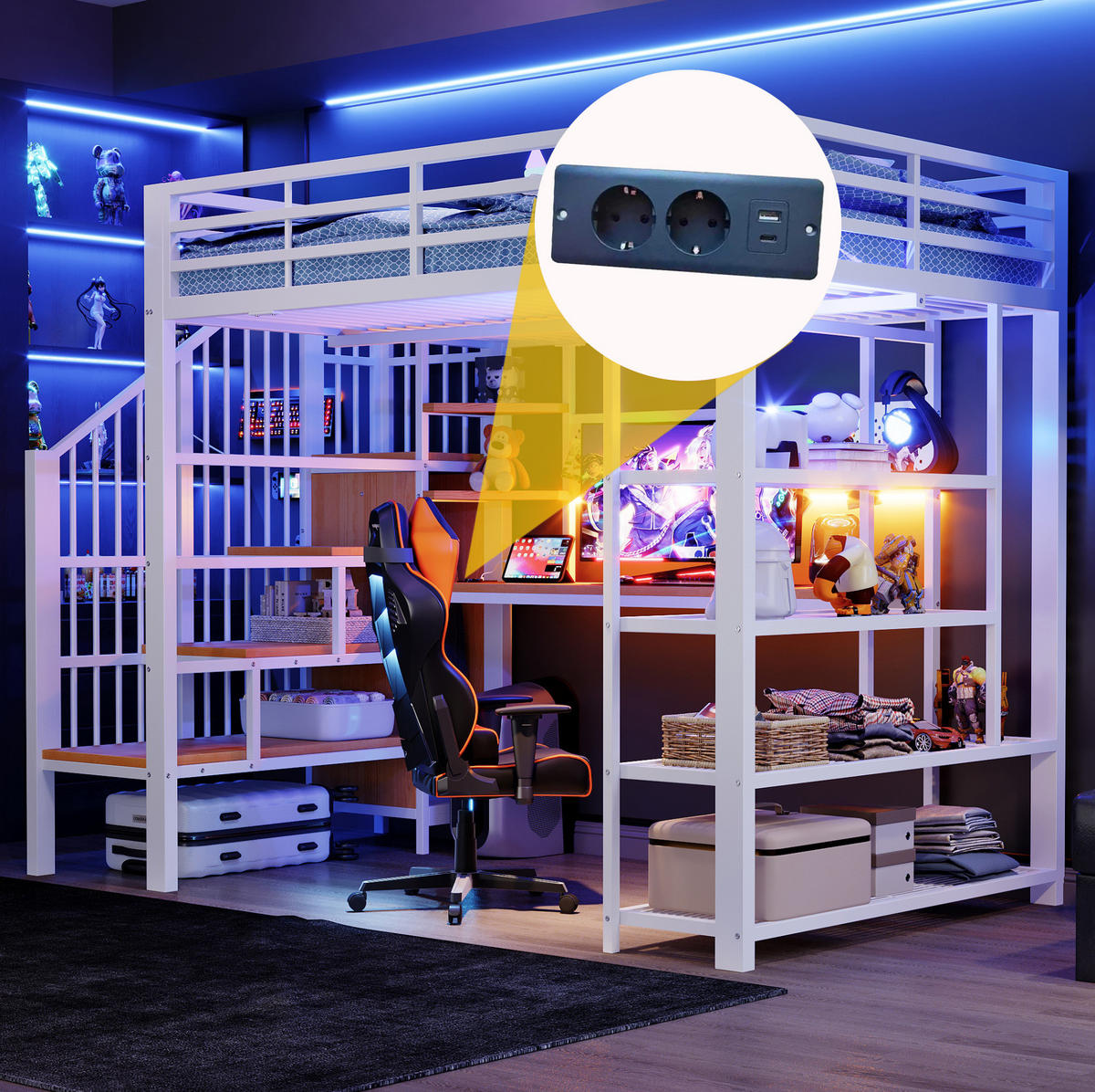 HOCHBETT 140/200 cm aus Metall und Holz mit Staumtreppe LED-Beleuchtung und Schreibtisch Weiß - Weiß, Metall (140/200cm) - Modenvie
