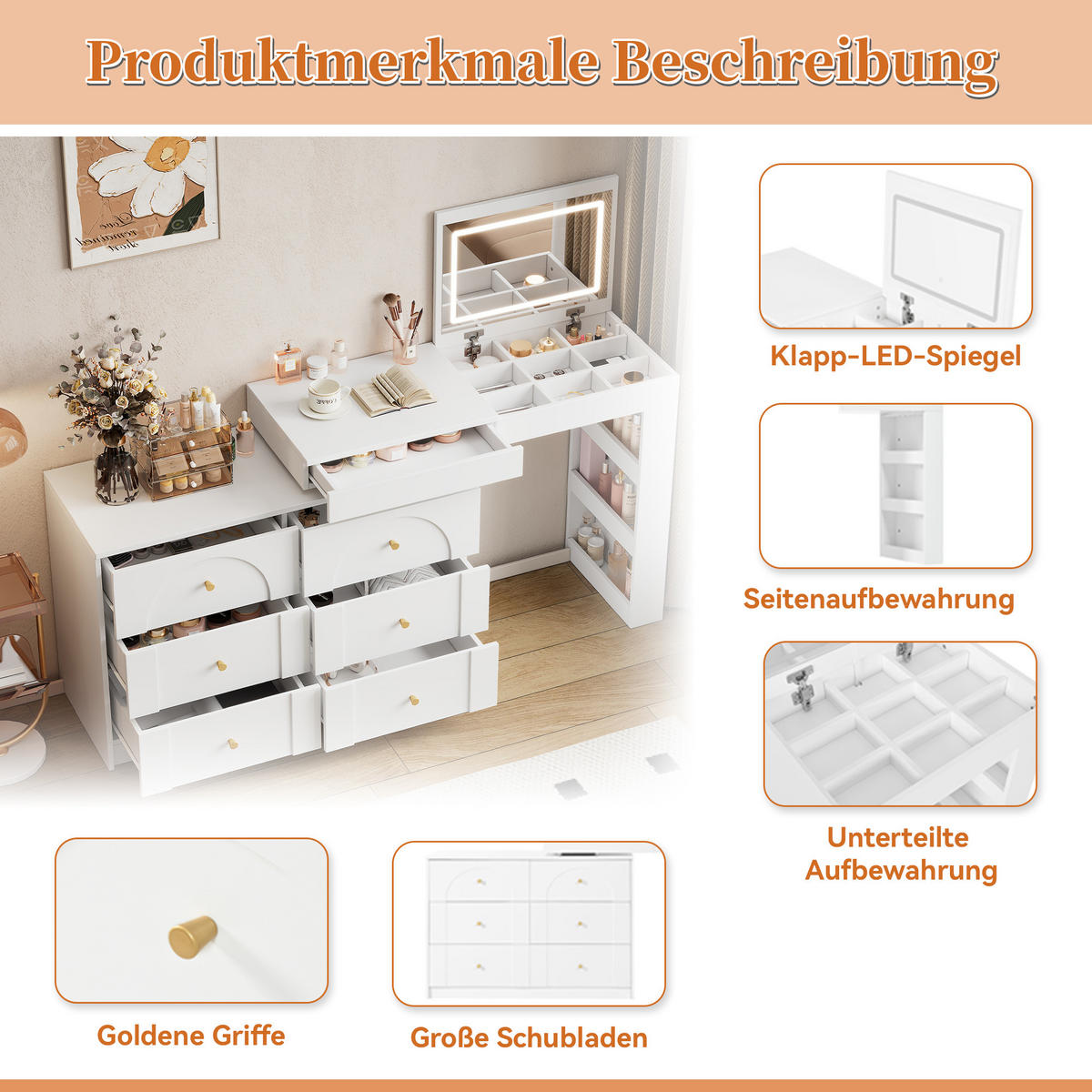SCHMINKTISCH in Weiß Drehbarer Frisiertisch mit LED Beleuchtung Frisiertisch Bürotisch für Schlafzimmer,B105/T40/H80cm - Weiß, Holzwerkstoff/Metall (153/80/40cm) - STILVORA