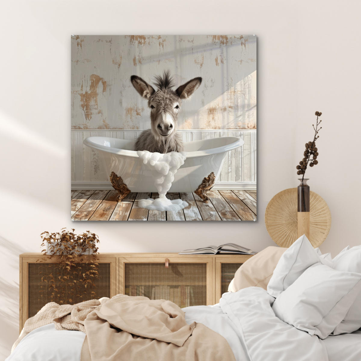 ACRYLGLASBILD Esel - Tiere - Badewanne - Schaumstoff 90x90 cm - Weiß, Glas (90/90cm) - MuchoWow