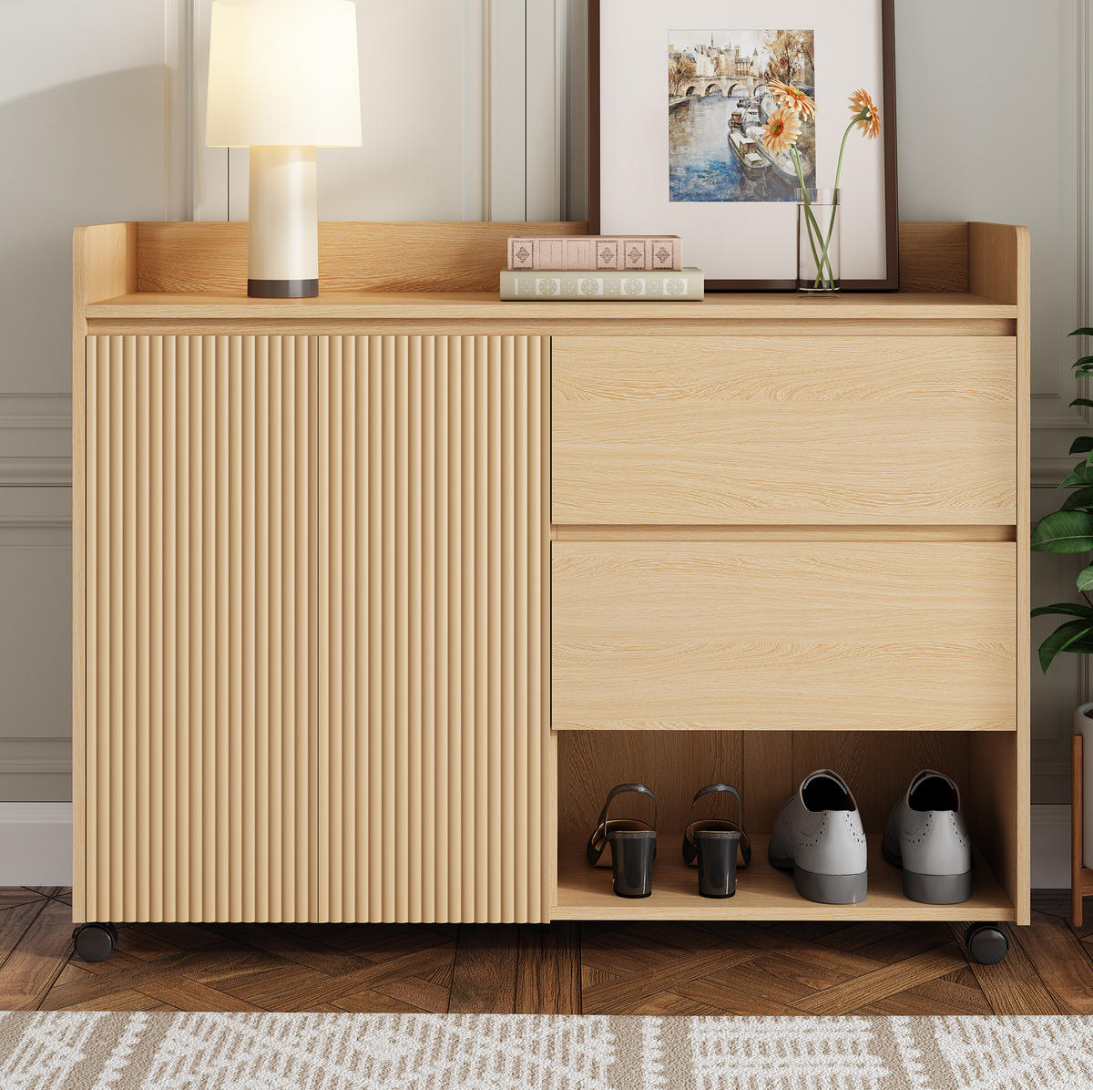 SCHUHSCHRANK 110/35/86 cm Natur aus MDF mit Rollen und Schubladen - Naturfarben, Holzwerkstoff (110/86/35cm) - OKWISH