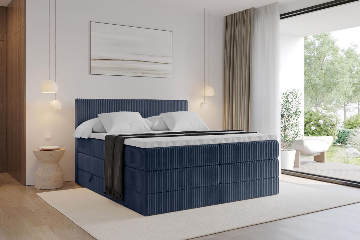 BOXSPRINGBETT mit Matratze H3|H4 und Lattenrost - TOLO KING 200x200 Cord - Dunkelblau - Dunkelblau, Holzwerkstoff (200/200cm) - ALTDECOR
