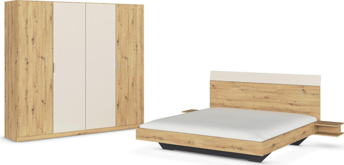 SCHLAFZIMMER Monza in Eiche Artisan und Beige mit Bettanlage 180x200cm, 2 Nachttischen und Drehtürenkleiderschrank 4türig ohne Spiegel - Braun, Holzwerkstoff (80/200/120cm)