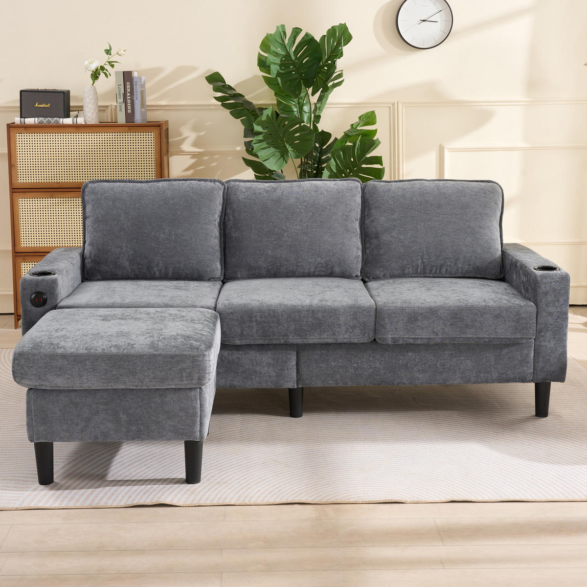SOFA 3-Sitzer L Form USB Typ C Getränkehalter Grau Leinen - Grau, Naturmaterialen (202/137cm) - FLIEKS