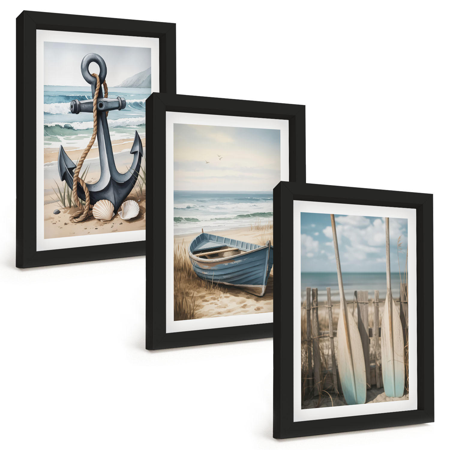 BILDER SET 3er Set - 20x30 cm Schwarzer Rahmen - Anker, Boot, Ruder, Strand - Schwarz, Kunststoff (20/30cm) - TULUP