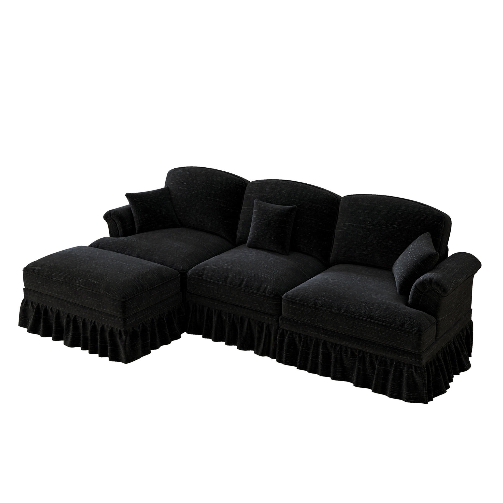 ECKSOFA aus Chenille in Schwarz mit abnehmbarem Rüschenrock - Schwarz, Textil (140/93/272cm) - Modfu