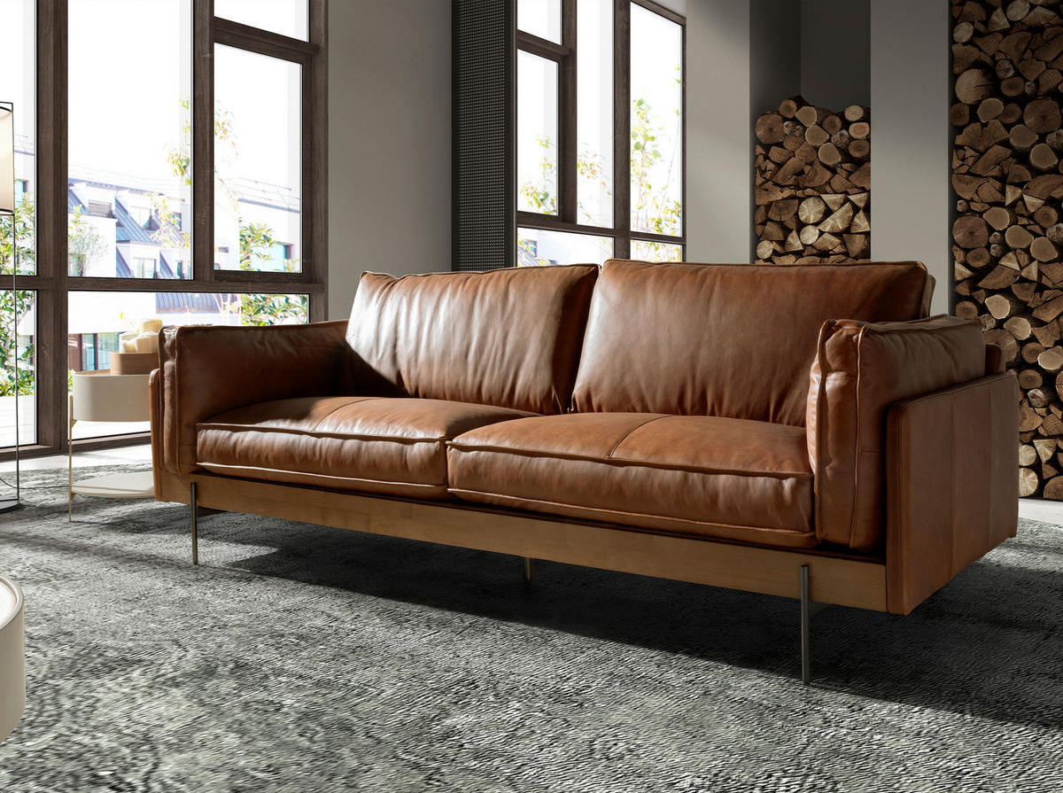 SOFA Klassisch tabakbraun dunkler Stahl Walnuss 225/86/79 - Braun, Leder (225/79/86cm) - ANGEL CERDA