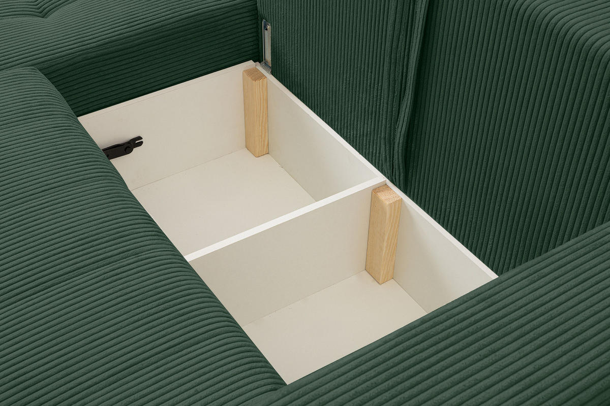 ECKSOFA Palermo mit Schlaffunktion und Bettkasten in Cordstoff - Dunkelgrün/Grün, Holz/Holzwerkstoff (245/143cm) - Ravio