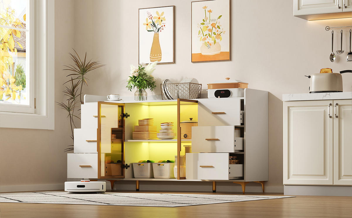 SIDEBOARD mit 6 Schubladen und Doppeltür mit Rauchglas, fernbedienbare LED, MDF, 160/44/87 cm, Weiß und Gold - Weiß, Holzwerkstoff (160/87/44cm) - Redom