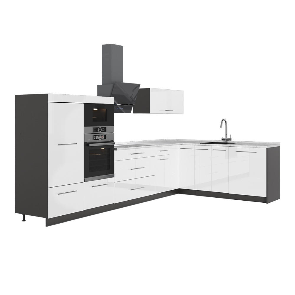 ECKKÜCHE Fame-Line, Weiß Hochglanz/Anthrazit, 347 x 207 cm, AP Marmor - Weiß Hochglanz/Anthrazit, Holzwerkstoff (347/153.6/60cm) - Vicco
