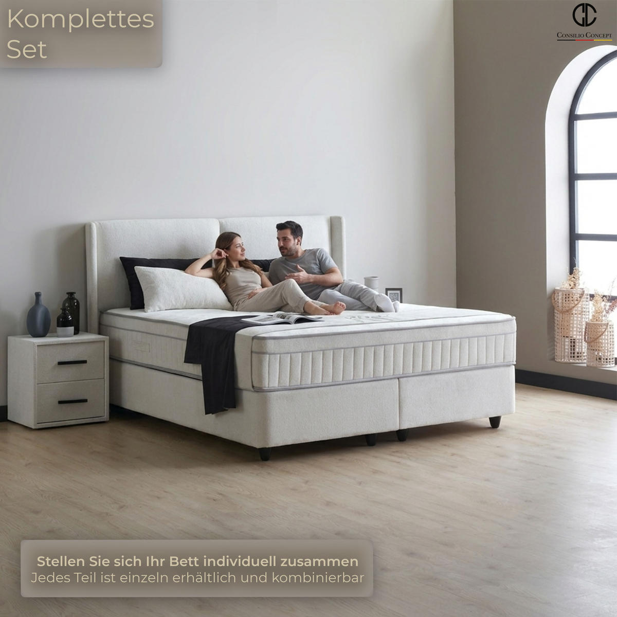 BOXSPRINGBETT MIT BETTKASTEN PISA 90/200 cm, Greige, Bettkasten, Matratze, Topper integriert, H3 mittel - Greige/Schwarz, Holz/Kunststoff (90/200cm) - Consilio Concept