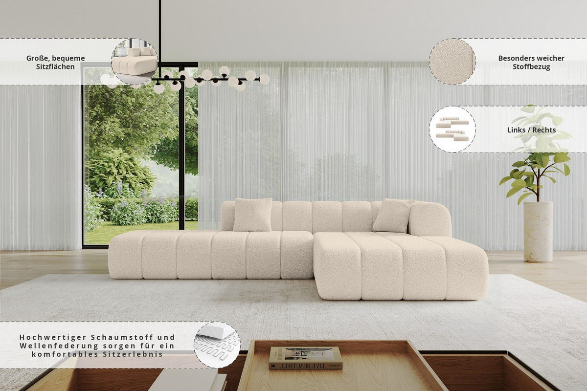 ROHOVÁ SEDAČKA s otomanem, pravá BILA-L 289x176x71 Tmavě béžová Buklé - kapučínová/černá, kompozitní dřevo/textil (289/176cm) - ALTDECOR