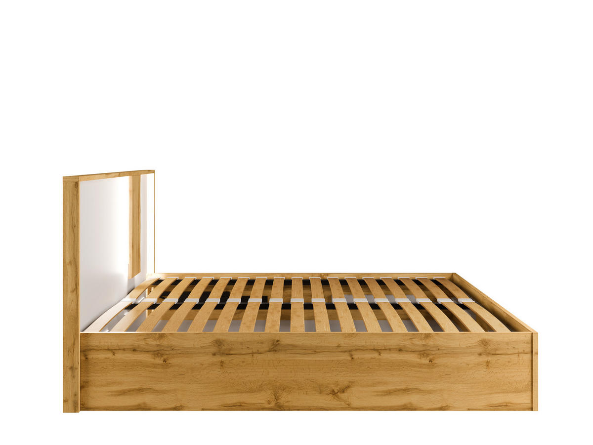 BETT WELORA – 160×200 cm mit Bettkasten und anhebbarem Lattenrost Wotan Eiche / Alpinweiß - Eiche Wotan/Weiß, Holzwerkstoff (160/200cm) - Milaros Markt