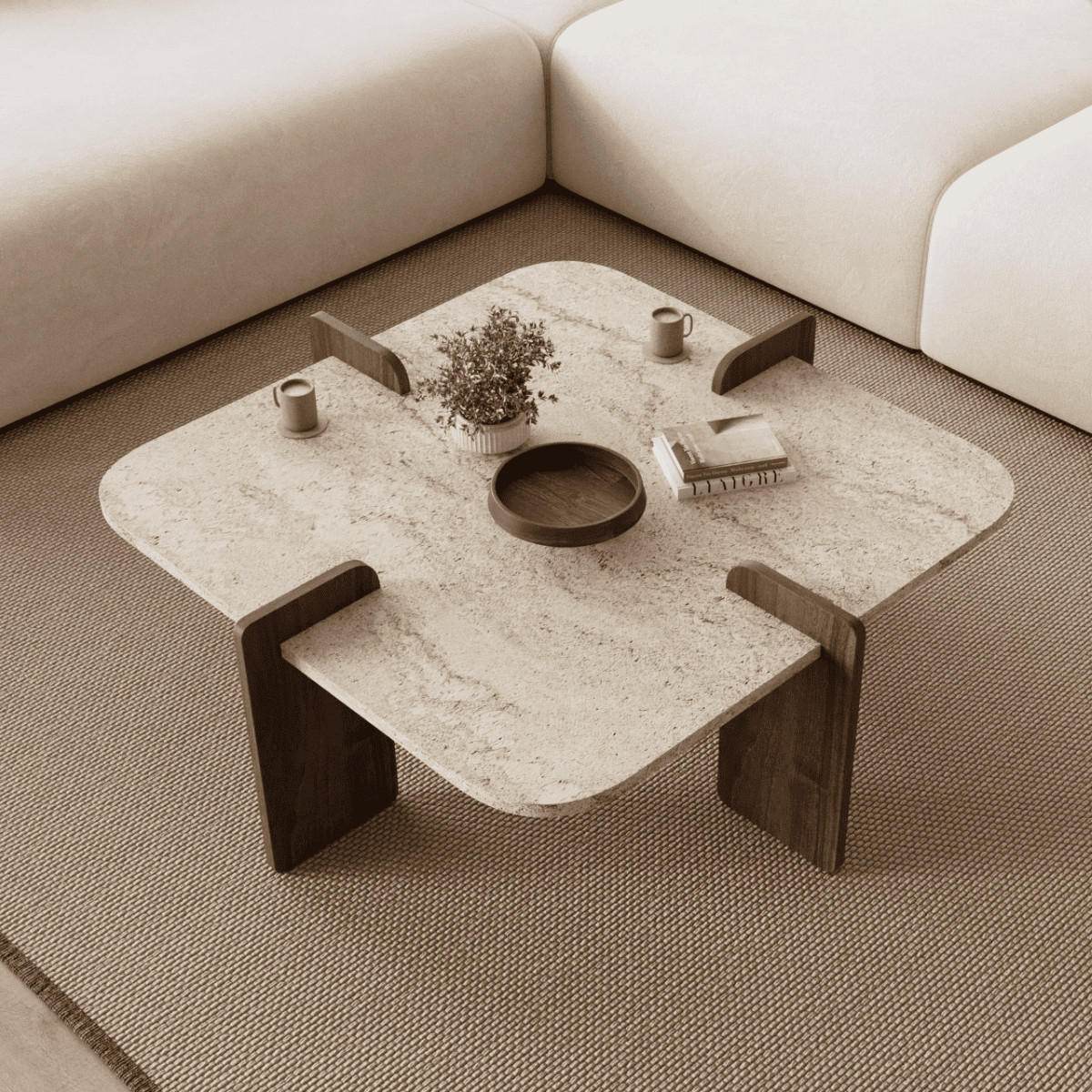 COUCHTISCH mit asymmetrischen Beinen 90/90/35 cm - Eichefarben, Holzwerkstoff (90/90/35cm) - Calicosy