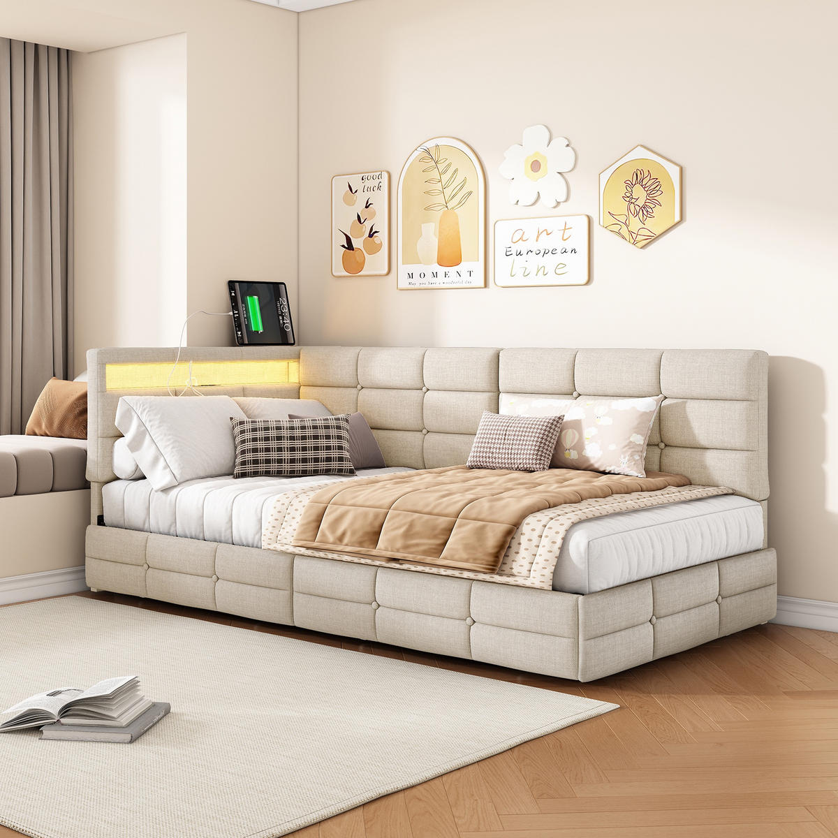 POLSTERBETT 90x200cm Tagesbett mit LED-Beleuchtung und Schublade Leinen Beige - Beige, Textil (90/200cm) - DELFA
