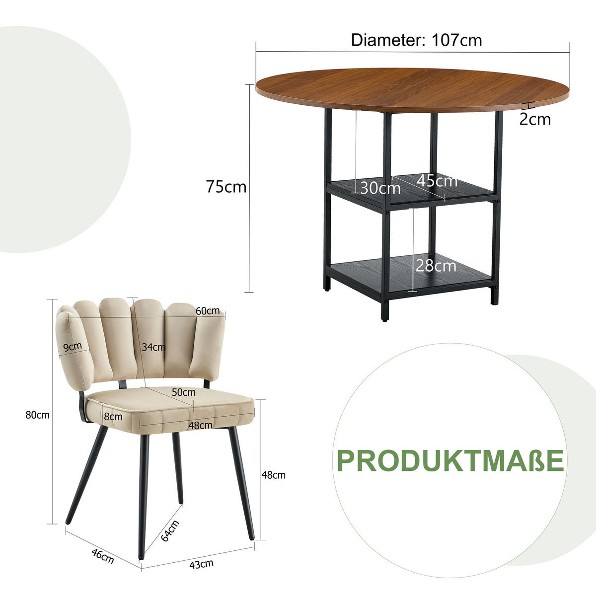 ESSGRUPPE DE-39440 3-teilig, mit doppelter Ablage und 2 Stühlen Hellbraun - Hellbraun, Holzwerkstoff (107/75/107cm) - ComfortXL