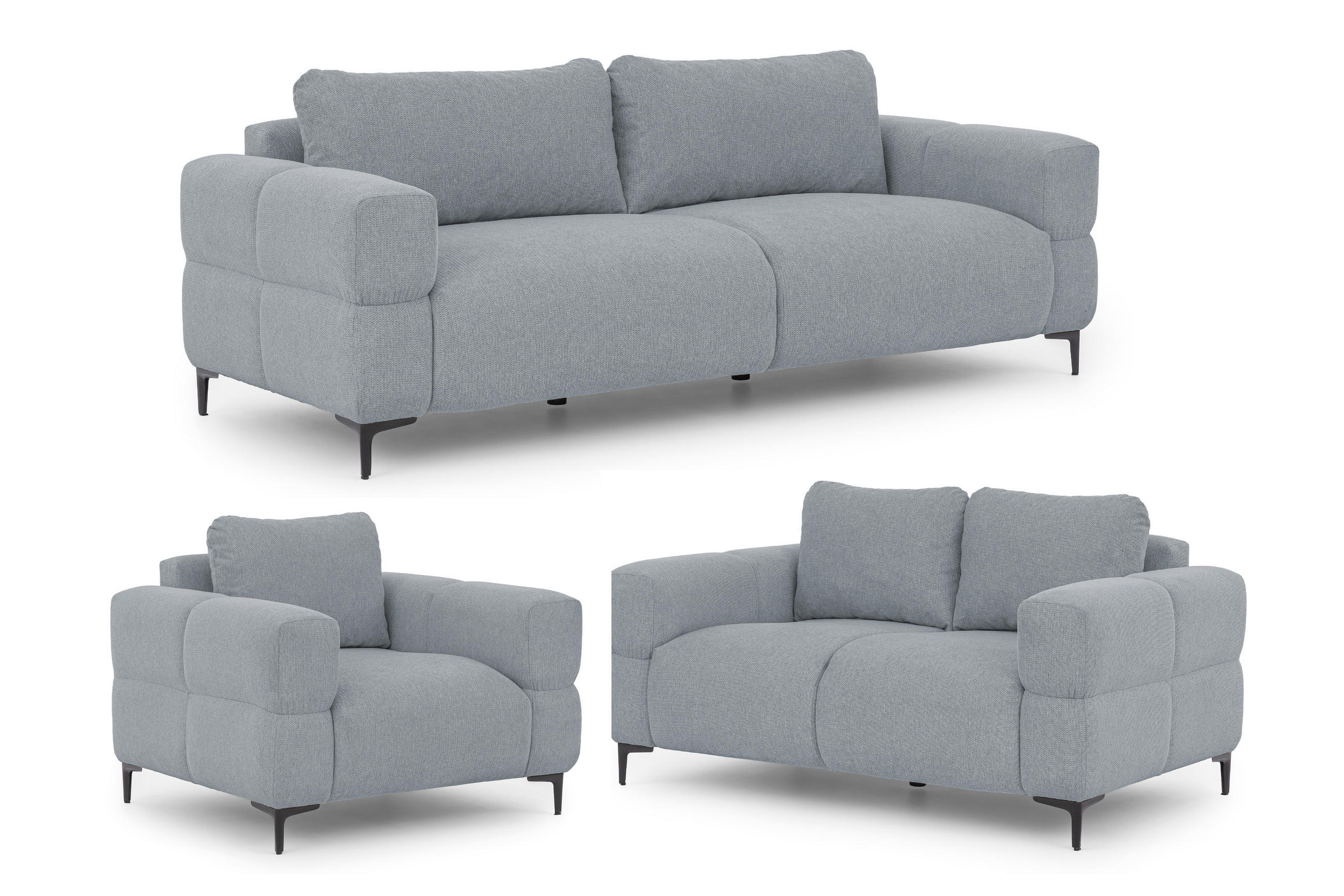 SITZGARNITUR 3+2+1 Cardea in Bubble-Optik aus weichem Grau Strukturstoff mit hohem Sitzkomfort - Schwarz/Grau, Holz/Textil (217/80/97cm) - S-Style Möbel