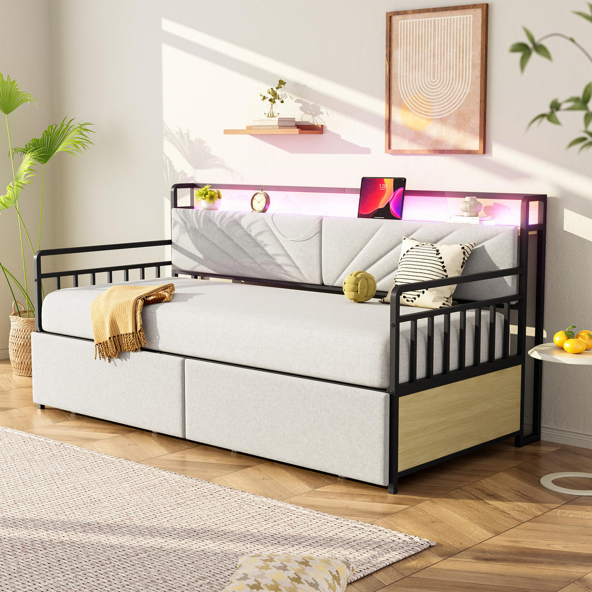 BETT 90/200 cm mit LED-Beleuchtung und Ablagen Beige - Schwarz, Metall (90/200cm) - OKWISH