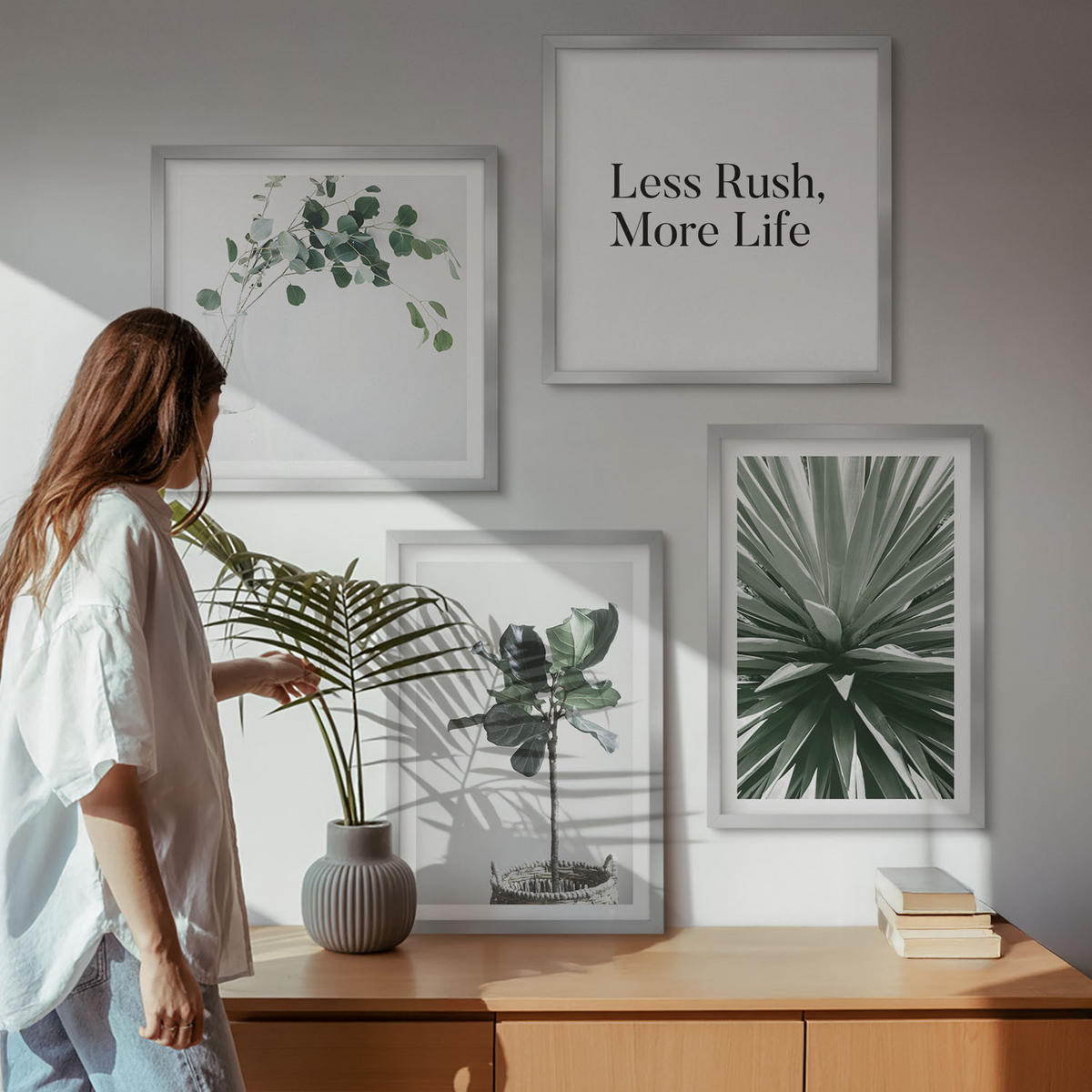 WANDBILDER 4er Set - 50x50 cm & 40x60 cm Silberner Rahmen - Minimalismus mit grünen Pflanzen - Silberfarben, Kunststoff (50/50cm) - ArtPrintCave
