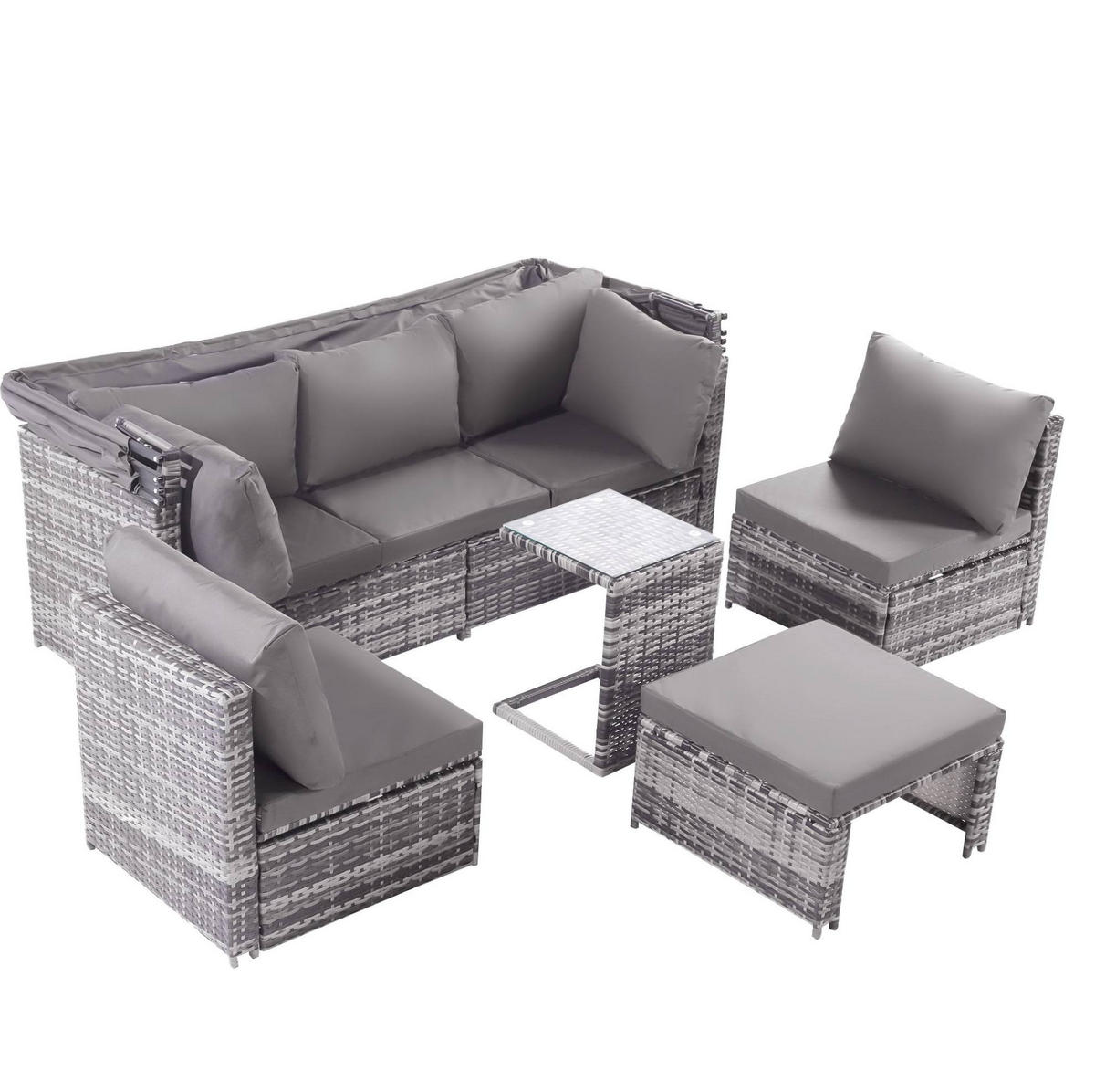 GARTENLOUNGE-SET 194/70/157 cm mit versenkbarem Sonnendach, modularen Elementen und Beistelltisch aus Polyrattan, Grau - Grau, Kunststoff - Redom