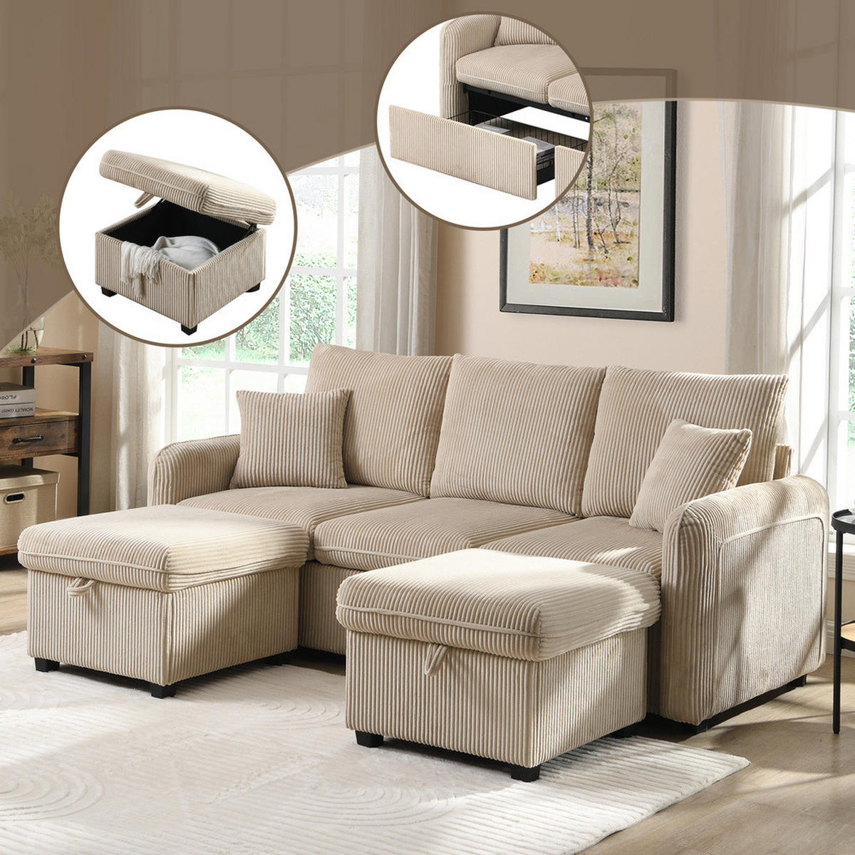 ECKSET U-Form 3-Sitzer Cord Modular Mit Schlaffunktion - Beige, Holz (88/34/57cm) - FLIEKS