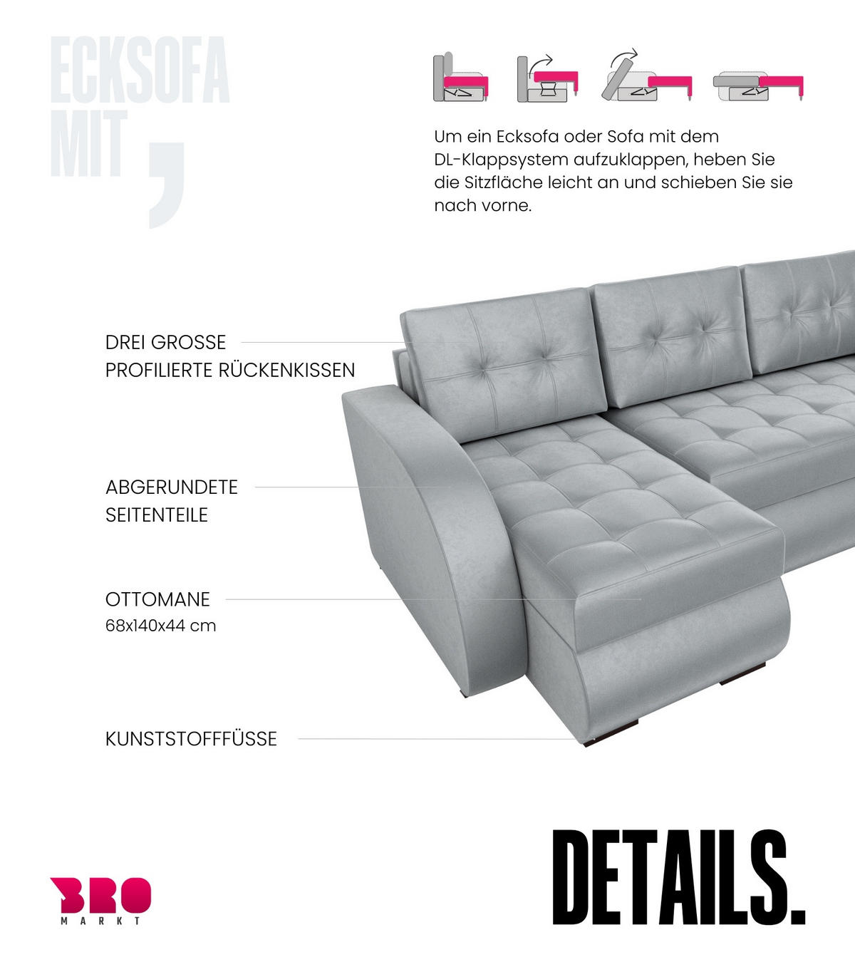 ECKSOFA Bergen mit Schlaffunktion Grau Samtstoff - Grau, Textil (238/141cm) - Bromarkt