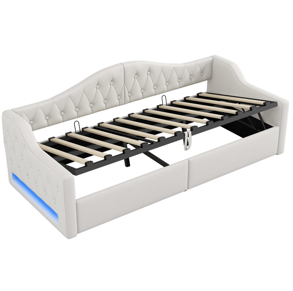 POLSTERBETT 90/200 cm Beige mit Stauraum und LED-Beleuchtung - Beige, Holzwerkstoff (90/200cm) - Flora Grace