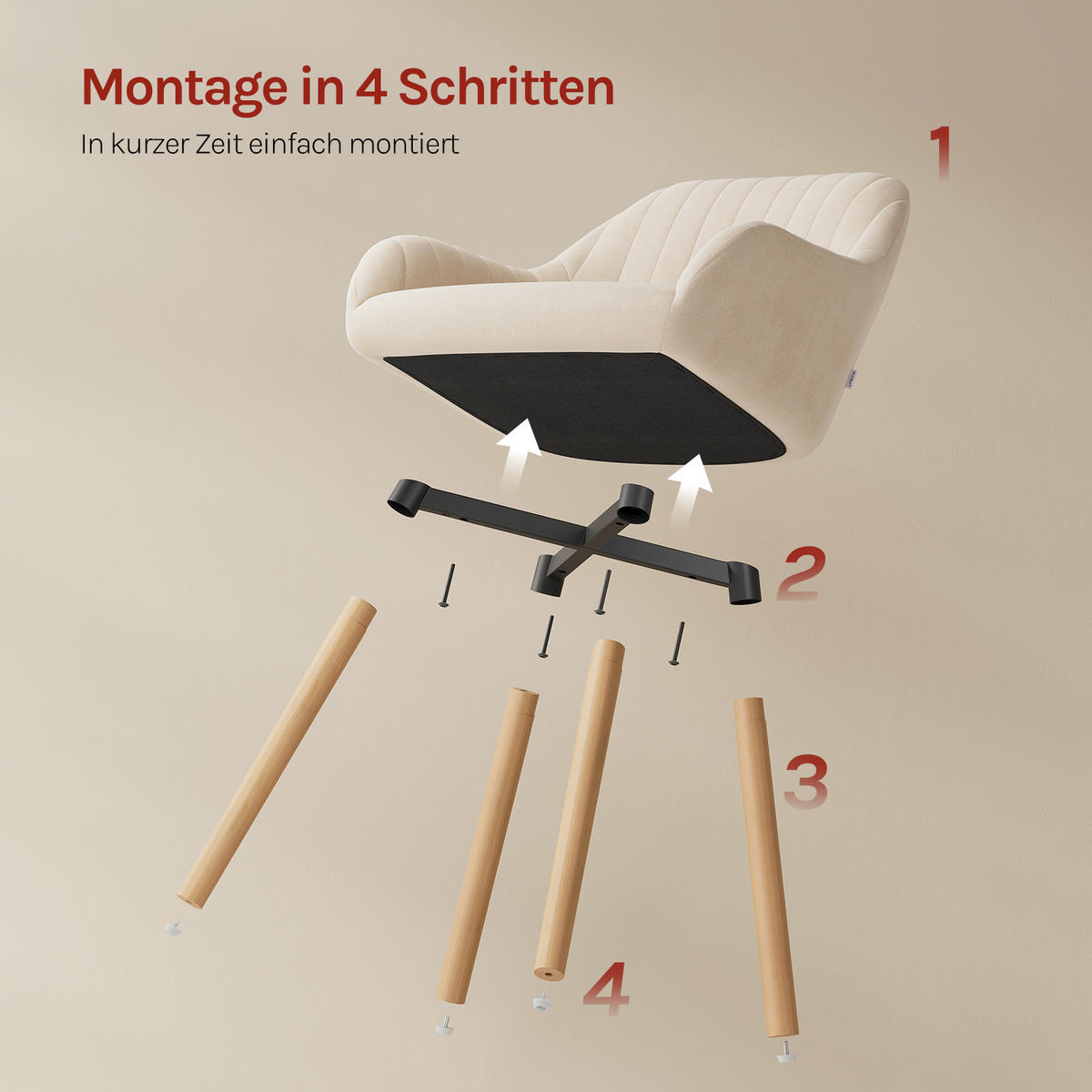 ESSZIMMERSTUHL 4er-Set, Samt, Massivholz, Creme - Creme/Naturfarben, Holz/Textil (52/81.5/51.5cm) - Woltu