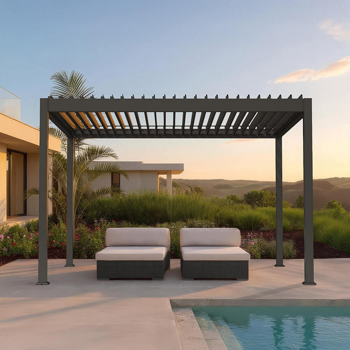 ELEKTRISCHER Lamellenpavillon aus Aluminium FAYLA Anthrazit - 407 x 297 x 250 cm - Anthrazit, Metall (297/250/407cm) - Home Deluxe