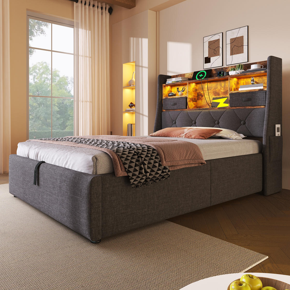 POLSTERBETT aus Leinen 90x200 cm in Grau mit Stauraum, LED & Ladestation - Grau, Textil (90/200cm) - Modfu