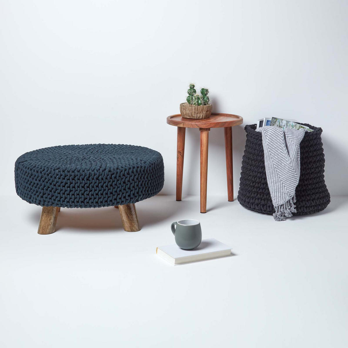 STRICK-HOCKER schwarz, rund 62/62/30 cm - Schwarz, Textil (62/30/62cm) - Homescapes