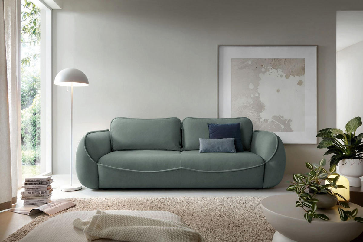 3-SITZER SOFA Cutie Salbei Easy-Clean-Velours - Schwarz/Hellgrün, Textil (257/90/114cm) - Selsey