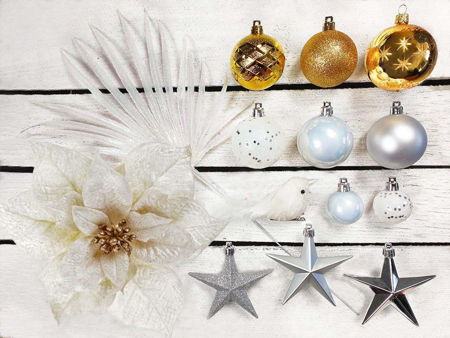 LAALU CHRISTBAUMKUGEL-SET 133 Stück in Luxusbox POLAR GOLD für Weihnachtsbäume 120-210 cm - Silberfarben/Goldfarben, Glas/Kunststoff (55/50/75cm) - LAALU