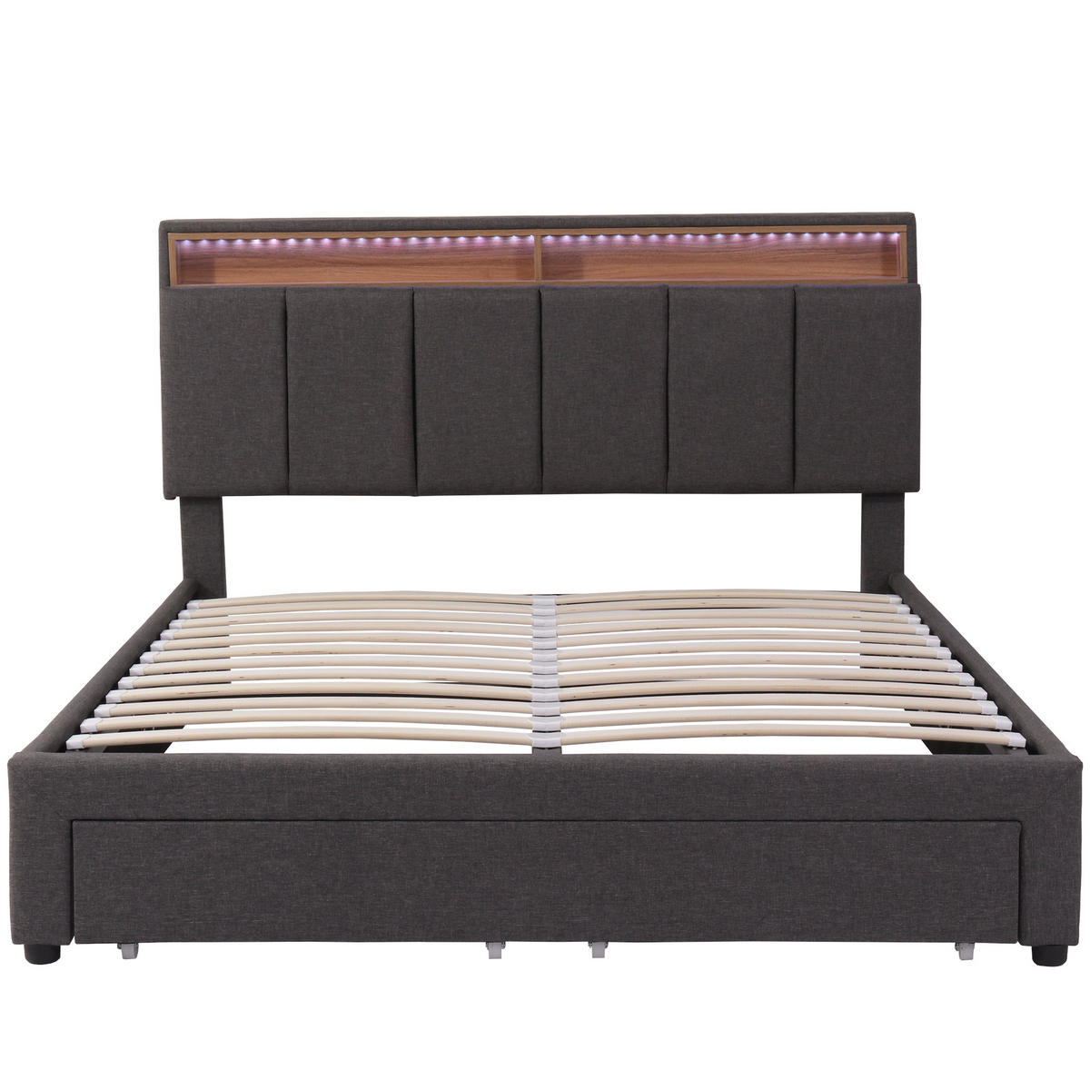 POLSTERBETT 180x200 cm LED Schubladen Stauraum Kopfteil Leinen grau - Grau, Holz (180/200cm) - LEBENLANG