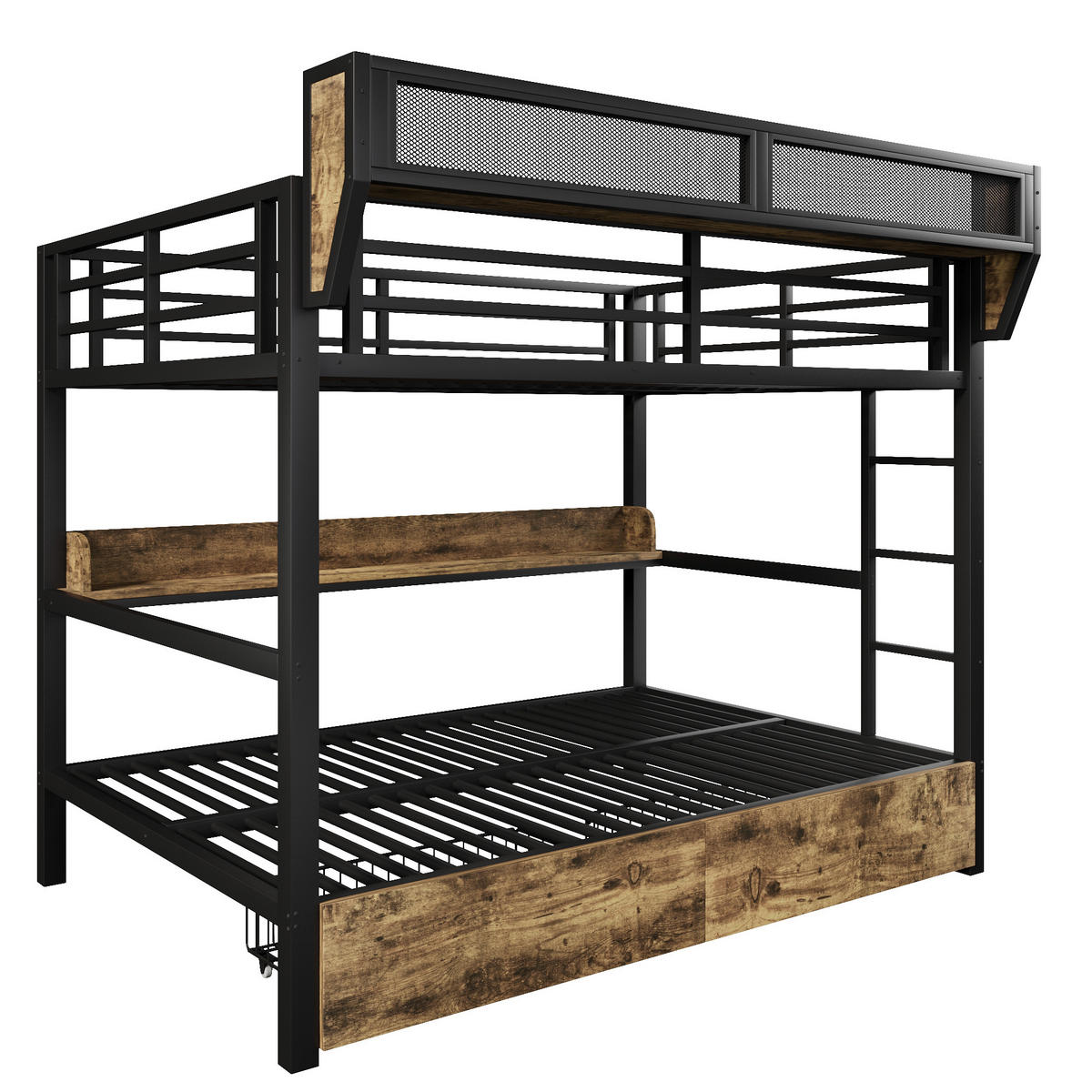 ETAGENBETT 140/200 cm in Schwarz mit LED, Regal, Körben und Schubladen - Schwarz, Holzwerkstoff/Metall (140/200cm) - WISHDOR