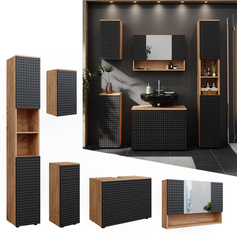 BADMÖBEL-SET Irma Anthrazit gepunktet 5 Teile - Anthrazit/Eiche Wotan, Holzwerkstoff (80/58.6/41cm) - Vicco