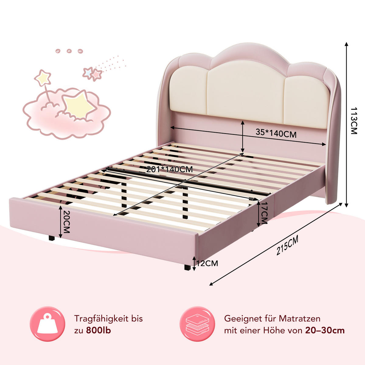 KINDERBETT 140×200 cm, LED-Musiklampe, schwebendes Design, Kopfteil in Wolkenform,bett rosa - Pink, Metall (140/215cm) - HOMAVO