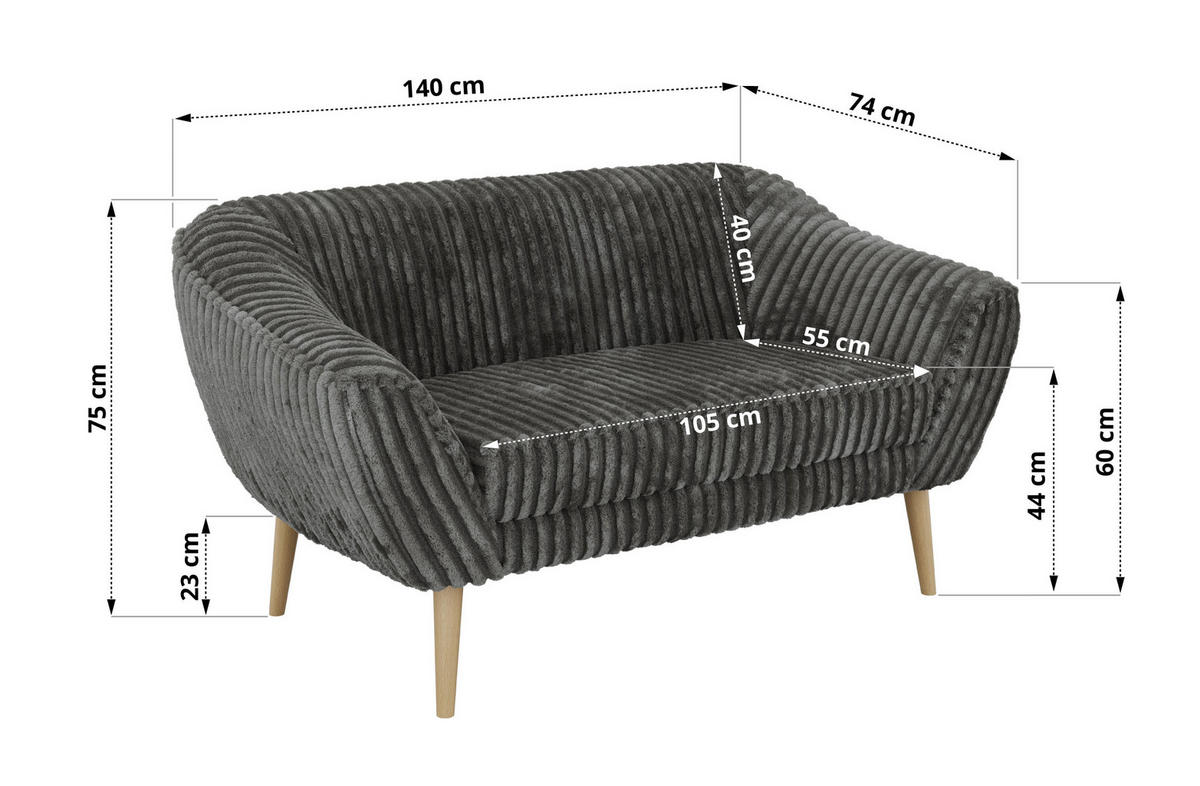 2-SITZER-SOFA PIRS - Grau Cord - Holzbeine - Buchefarben/Grau, Holzwerkstoff/Textil (140/75/74cm) - MKS
