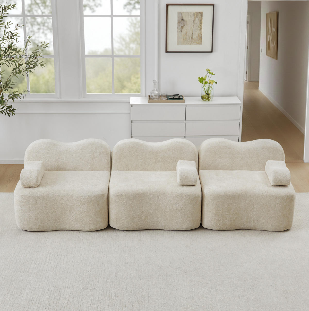3-SITZER Modulares Sofa beige aus Samt mit tiefer Sitzfläche - Beige, Textil (98/70/288cm) - Modenvie