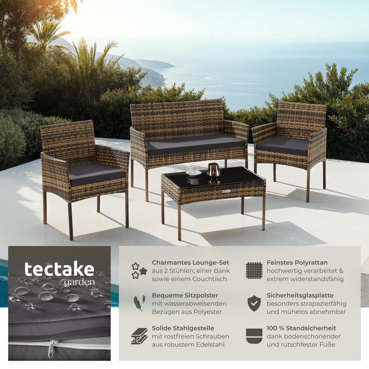 RATTAN GARTENSET Palese,Sofa 250 kg, je Sessel 120 kg,natur - Naturfarben, Kunststoff - tectake