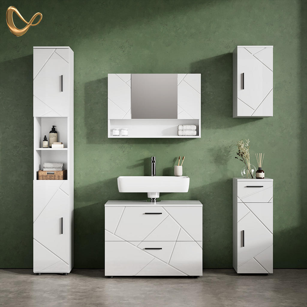 Thumbnail - Livinity® Midischrank, Weiß Hochglanz, Holzwerkstoff, 3 Fächer, 1 Schubladen, Quadratisch, 30x81x30 cm, Badezimmer, Bade...