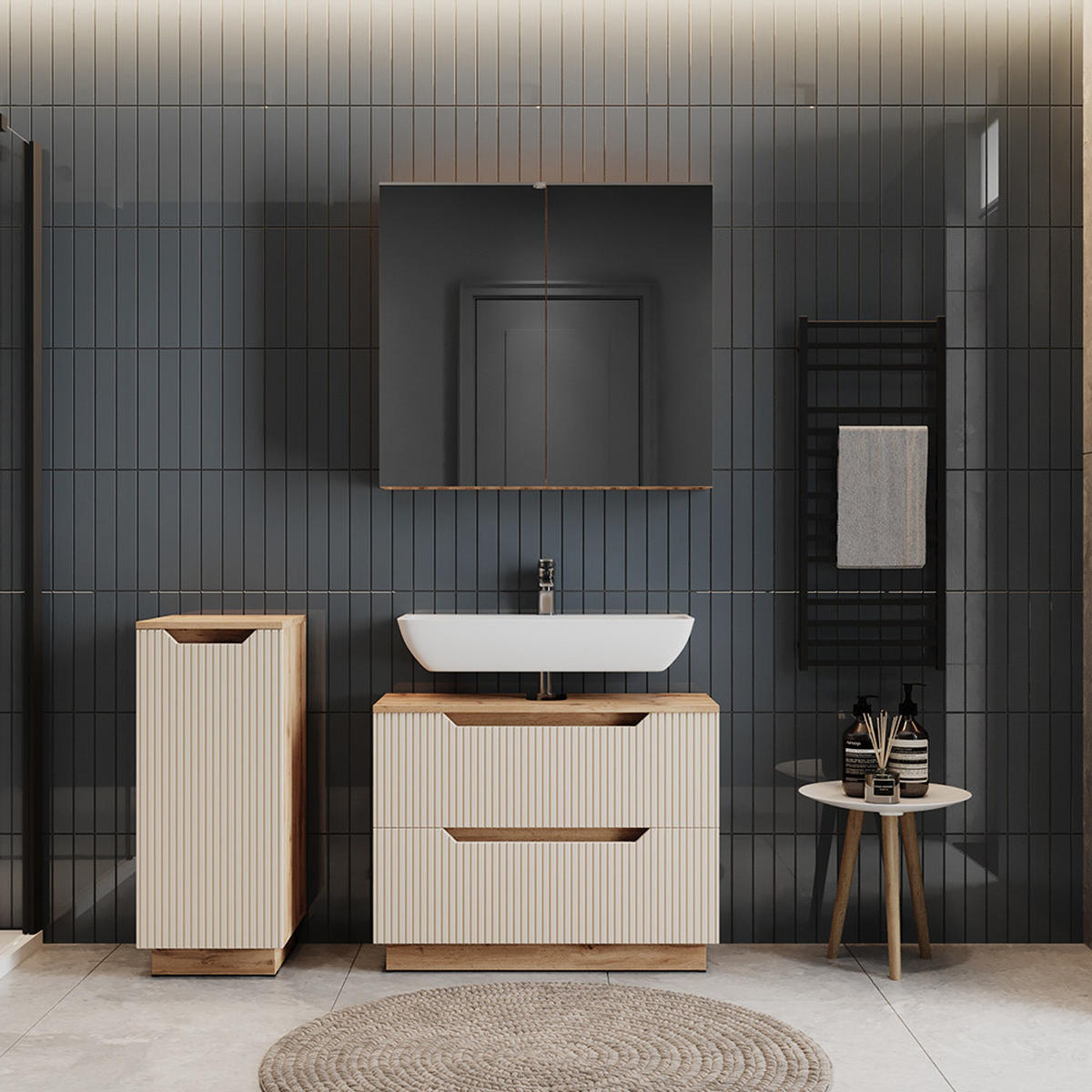 BADMÖBEL-SET Lotta Eiche/Kaschmir gestreift 3 Teile - Kaschmir/Eichefarben, Holzwerkstoff (79.6/62.5/32cm) - Vicco