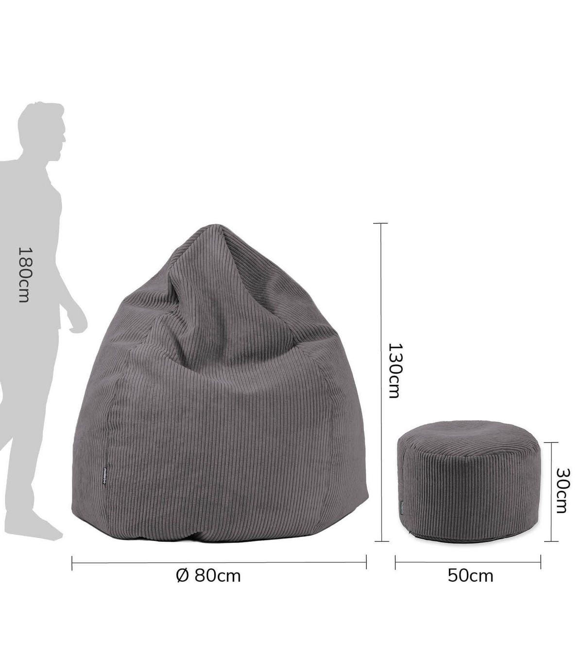 SITZSACK Cord mit Hocker Der Tagträumer - Anthrazit, Textil (180/80/80cm) - Mokebo