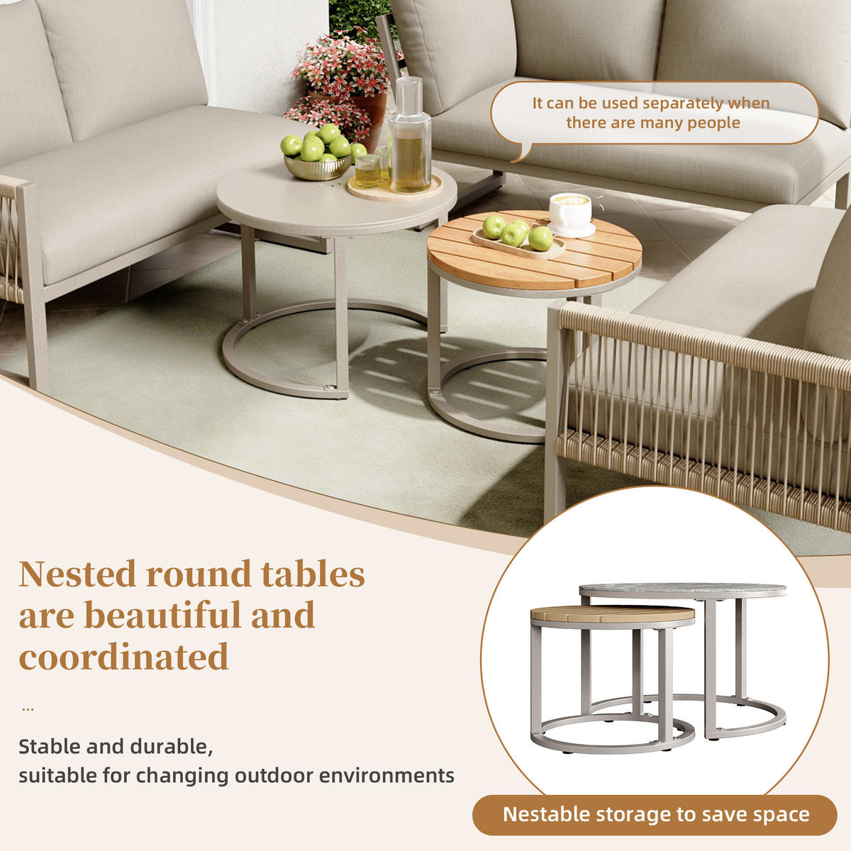 GARTENLOUNGE-SET Sitzgruppe für 6-7 Personen Gartenmöbel-Set mit verstellbare Beine - Beige/Naturfarben, Holzwerkstoff/Textil - STILVORA