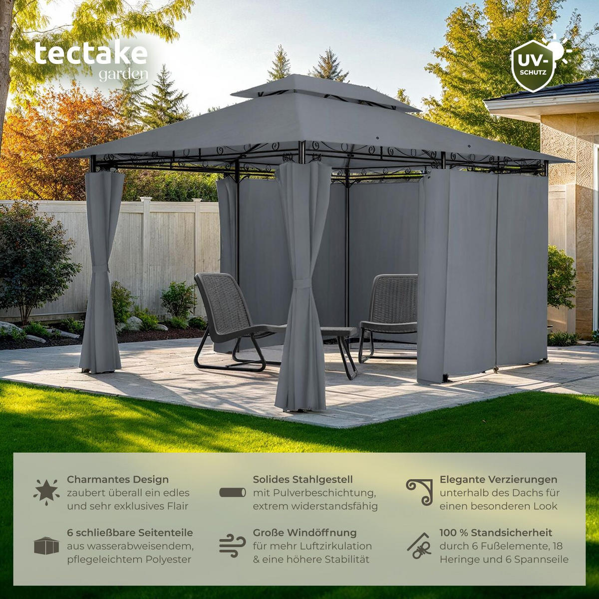 GARTENPAVILLON Emine,inklusive Spannseilen und Heringen,anthrazit - Anthrazit, Kunststoff (300/265/400cm) - tectake